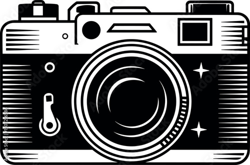 Retro Camera Icon: A classic and charming illustration of a vintage camera, perfect for adding a touch of nostalgia to your project. Featuring bold lines and a timeless design.