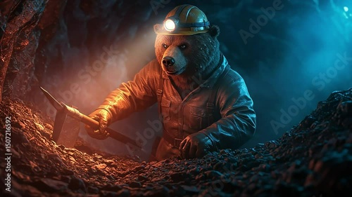 A bear miner with a headlamp and pickaxe works in a dark, dimly lit mine