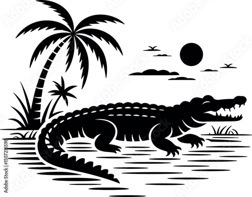 Silhouette Alligator: A stunning silhouette presents an alligator gracefully navigating tranquil waters under the shade of palm trees, with the serene sky filled with a radiant sun and playful birds.