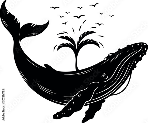 Majestic Humpback Whale Illustration: This monochrome illustration captures the grace and grandeur of a humpback whale, complemented by a palm tree and soaring birds.