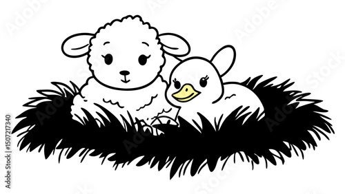 Illustration of a cute lamb and duckling nestled together in a cozy black nest with a simple line art style created with generated ai