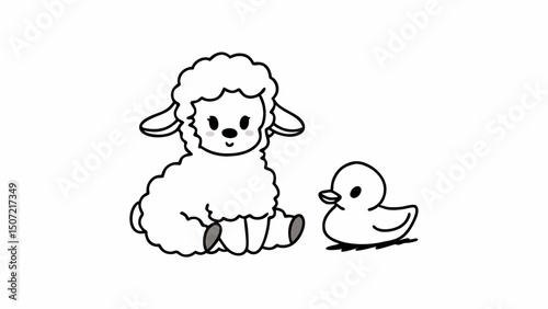 Illustration of a cute lamb sitting next to a small duck with simple black outline design style created with generated ai
