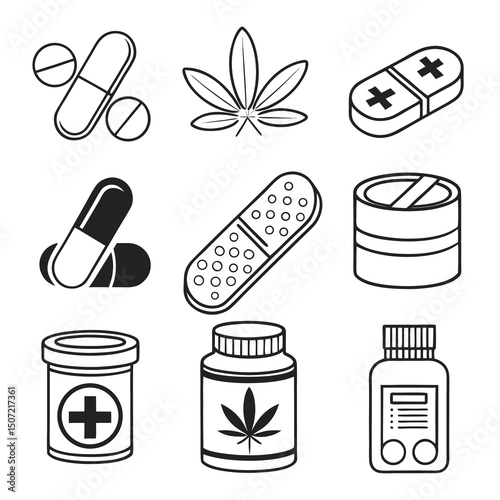 Medicine and Pharmaceutical Icon Set – Clean Black and White Outline of Pills, Packaging, and Medical Symbols