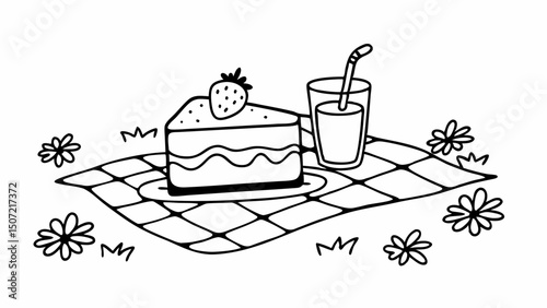 Doodle style picnic scene with cake and drink on a blanket surrounded by flowers and grass artfully drawn created with generated ai