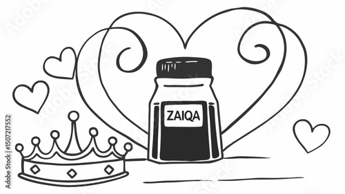 Illustration of a zaiga bottle with hearts and a crown in a black and white line drawing created with generated ai