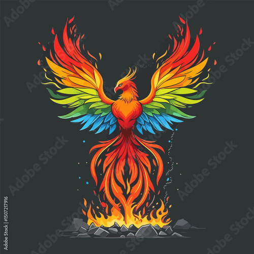 Fiery phoenix in pride colors representing strength rebirth and pride month empowerment through vibrant artwork