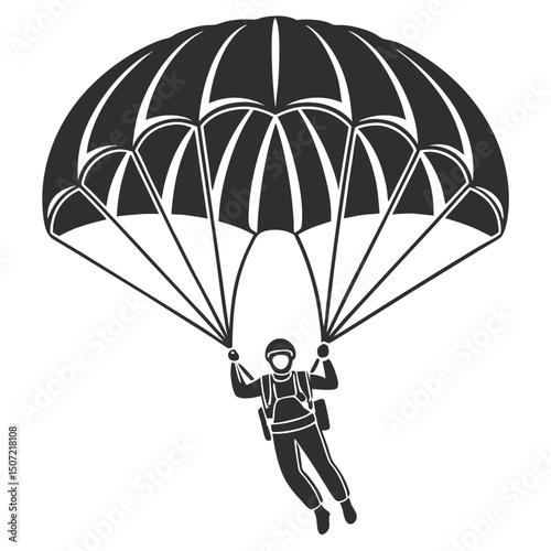 Monochrome vector illustration of a skydiver in freefall with a parachute.