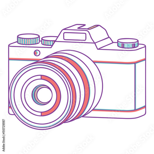 Artistic camera illustration in purple and pink for creative projects and design.