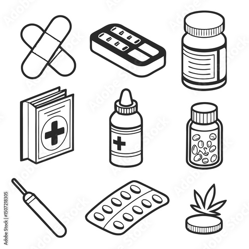 Medicine and Pharmaceutical Icon Set – Clean Black and White Outline of Pills, Packaging, and Medical Symbols