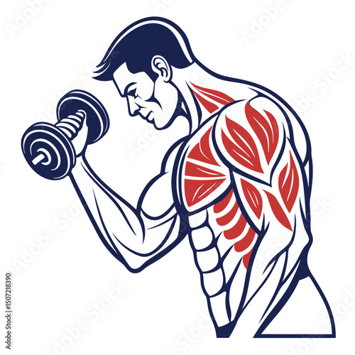 Muscular man lifting dumbbell vector illustration of biceps curl exercise for strength training.
