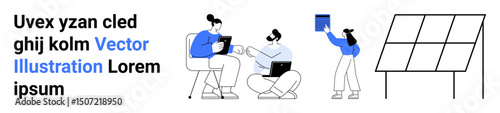 Group discussion using devices by seated figures, third person holding a tablet, solar panel display. Ideal for teamwork, innovation, renewable energy, sustainability, education, technology simple