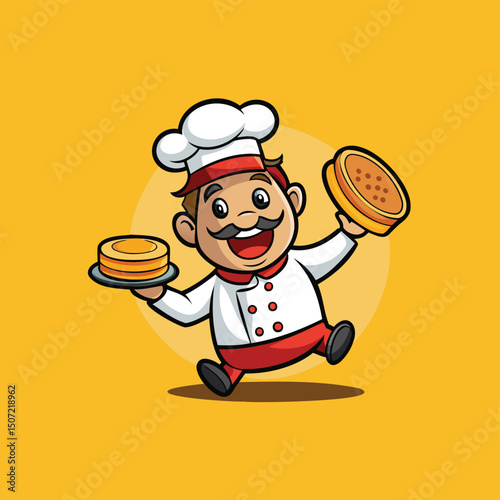 Happy man chef flipping pancakes cartoon vector illustration 