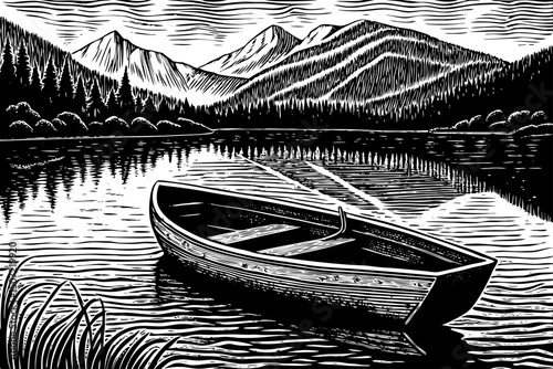 Monochrome boat on a serene lake surrounded by mountains, beautifully frame black and white isolated hand drawn sketch vector