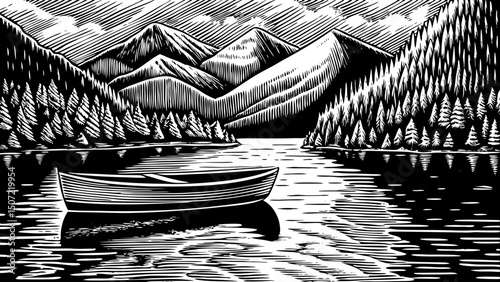 Monochrome boat on a serene lake surrounded by mountains, beautifully frame black and white isolated hand drawn sketch vector