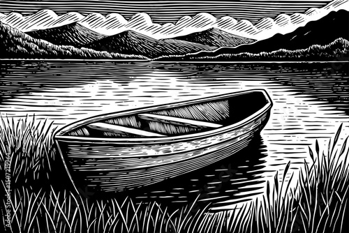 Monochrome boat on a serene lake surrounded by mountains, beautifully frame black and white isolated hand drawn sketch vector