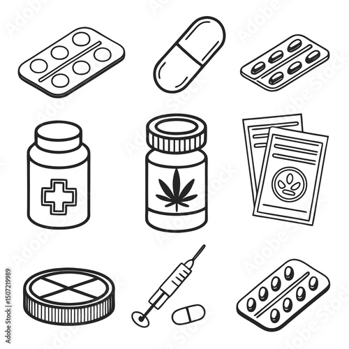 Medicine and Pharmaceutical Icon Set – Clean Black and White Outline of Pills, Packaging, and Medical Symbols
