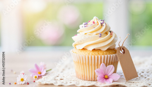 Cupcake with frosting and decoration on table with flowers