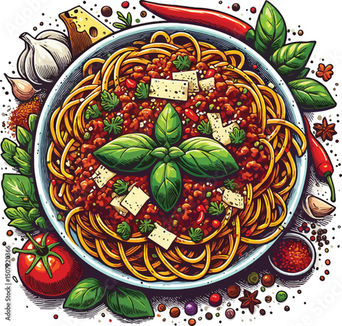 Vector Cartoon Illustration of Spaghetti Bolognese with Tomato Sauce and Fresh Herbs