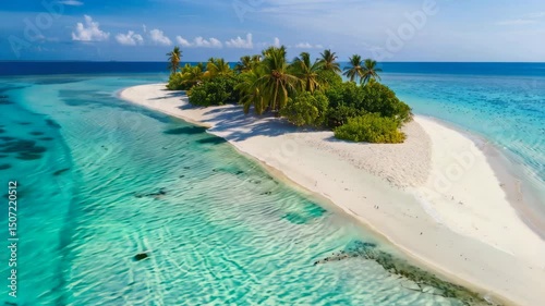 Aerial view of an uninhabited tropical island with palm trees and a white sandy beach surrounded by clear turquoise ocean water, exotic travel destination drone video footage.