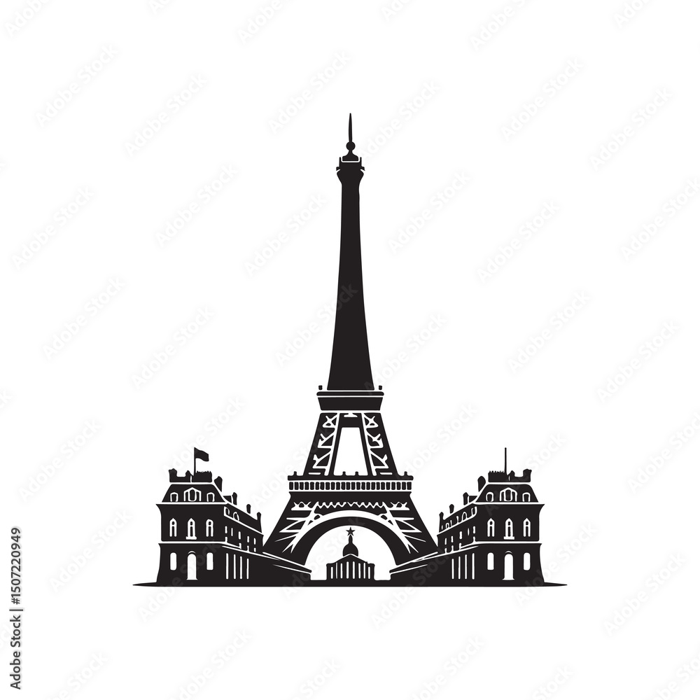 Obraz premium Bastille Day Silhouette Vector Illustration, Solid White Background.
