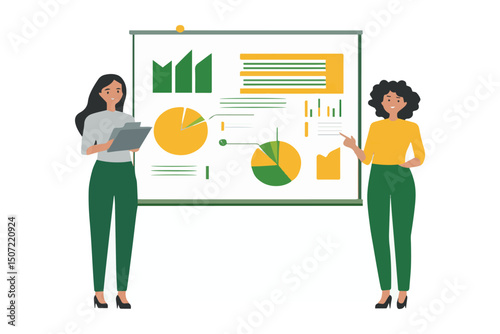 two brunette girls stand near the board and make a presentation, one points to the board with her hand
