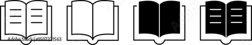 Set of open book icons in minimal outline and solid styles. Perfect for e-learning, libraries, reading apps, publishing, and school-related UI