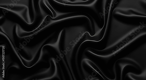 Elegant black silk fabric with gentle curves and folds, displayed on a rich black background for design use, Generative AI.