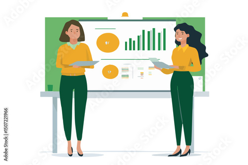 two girls in yellow sweaters stand near the presentation board, both holding a sheet of paper in their hands
