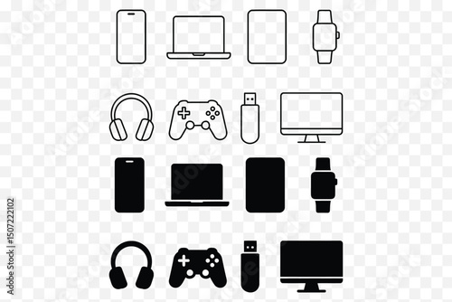  Tech Device Icons – Minimalist Line & Solid Vector Set for Gadgets and Electronics

