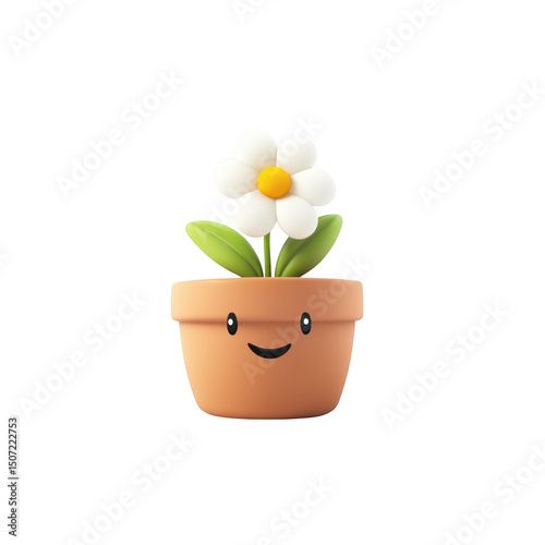 Cute flower in a pot with smiley face isolated on transparent background