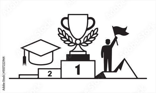 Success and Achievement Icon – Trophy, Podium, Graduation, and Goal Vector