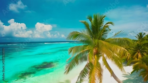 Palm tree overlooking a tranquil tropical white sand beach and turquoise blue ocean water under a clear sky during daytime, summer paradise travel video footage.