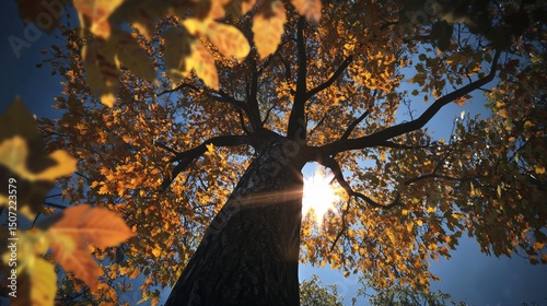 Autumnal Sunbeam: A Low Angle View of a Majestic Tree in Golden Hues