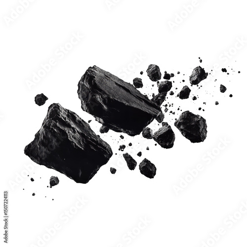 Pile of dark rocks and debris isolated on transparent background