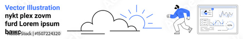 Abstract cloud and sun design paired with a running person holding a mug near an analytics dashboard. Ideal for fitness, weather, productivity, sports, data analysis, technology, simple landing page