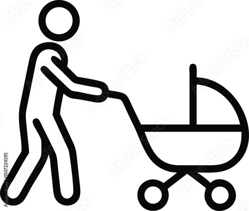 Childcare Icon Vector – Family and Baby Care Symbol Featuring Parents with Stroller