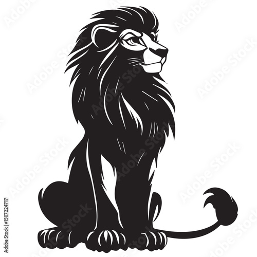 sitting lion with a lush mane on a white background, side view, black and white graphics, vector
