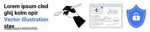 Hand with a brush, graphical data chart with analytics, and security shield. Ideal for design, digital art, data security, creativity, technology, education simple landing page