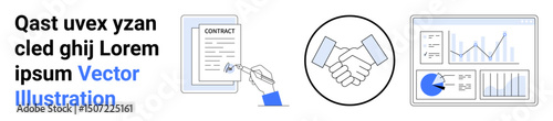 Hand signing contract, handshake representing partnership, and financial charts showcasing data insights. Ideal for business deals, teamwork, analysis, growth, agreement, strategy simple landing