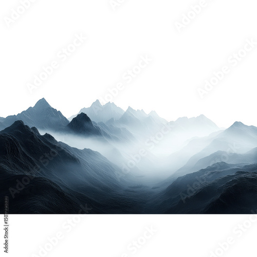 Mountain range landscape with fog isolated on transparent background