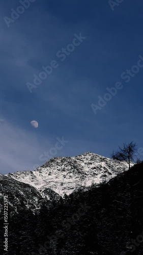 The snow-capped mountains under a clear blue sky, with a crescent moon visible above the peaks. There are dark trees and sparse vegetation in the foreground and on the lower slopes of the mountains. 