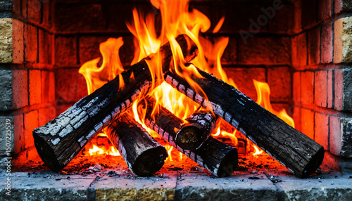 Close-up of burning wood in a rustic brick fireplace with bright orange-yellow flames