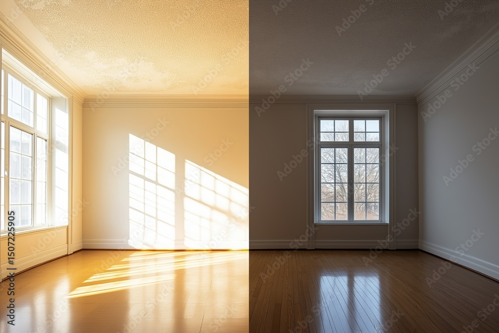 Fototapeta premium Spacious room with large windows, sunlight streaming through, wooden floor. Ceiling popcorn removal, renovation concept of peacefulness, tranquility, featuring ceiling popcorn removal.