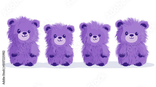 Four Pixelated Purple Stuffed Teddy Bears with Fuzzy Fur Standing Together in a Row on a White Background
