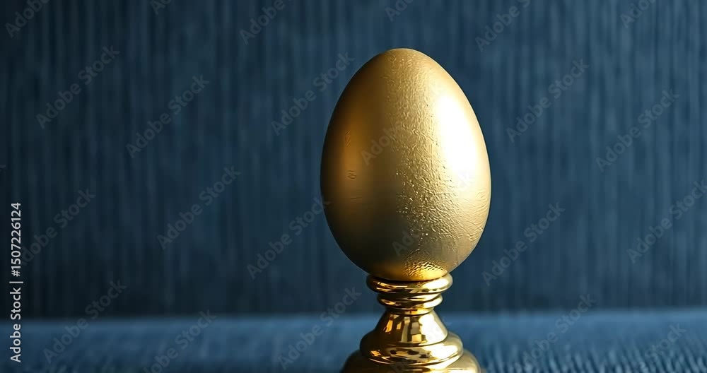 A single golden egg stands on a pedestal against a dark blue backdrop.