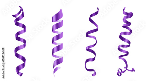 Four Purple Curling Ribbons on a White Background for Decoration and Festive Occasions