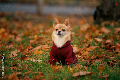 Adorable Chihuahua Dog Wearing Coat in Autumn Park Close-Up Portrait