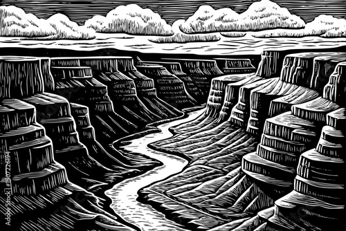Canyon landscape with river vector black and white isolated hand drawn sketch