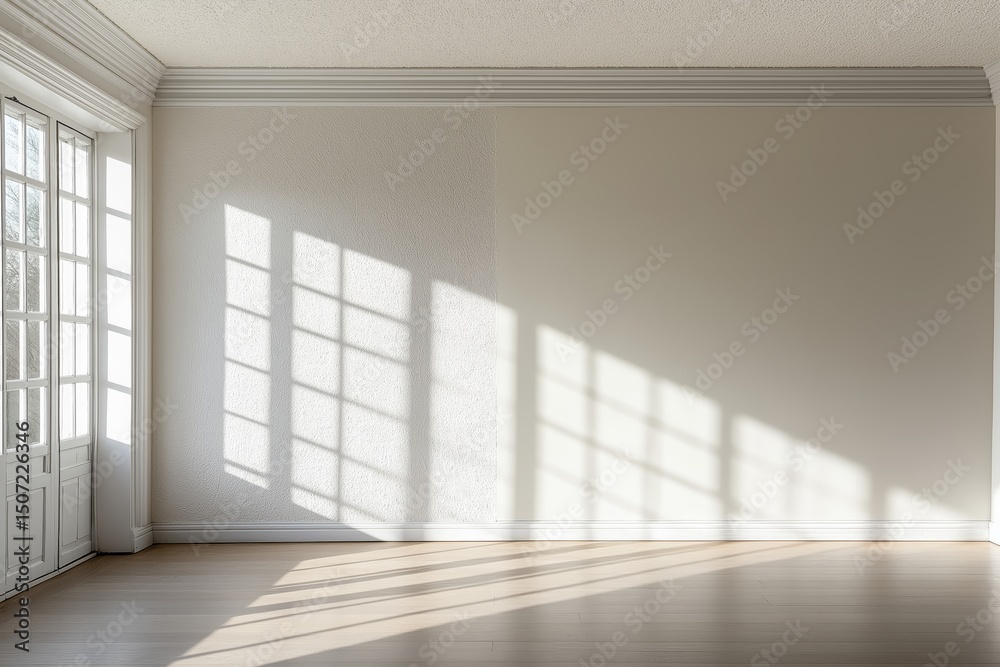 Fototapeta premium Bright airy room with large windows, wooden floor, pristine white walls. Concept of ceiling popcorn removal, renovation style, enhancing natural lighting, creating inviting atmosphere.
