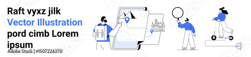 People studying maps, location pins, and landmarks for guidance and exploring destinations. Ideal for travel, navigation, tourism, urban planning, exploration apps, mobility and a simple landing